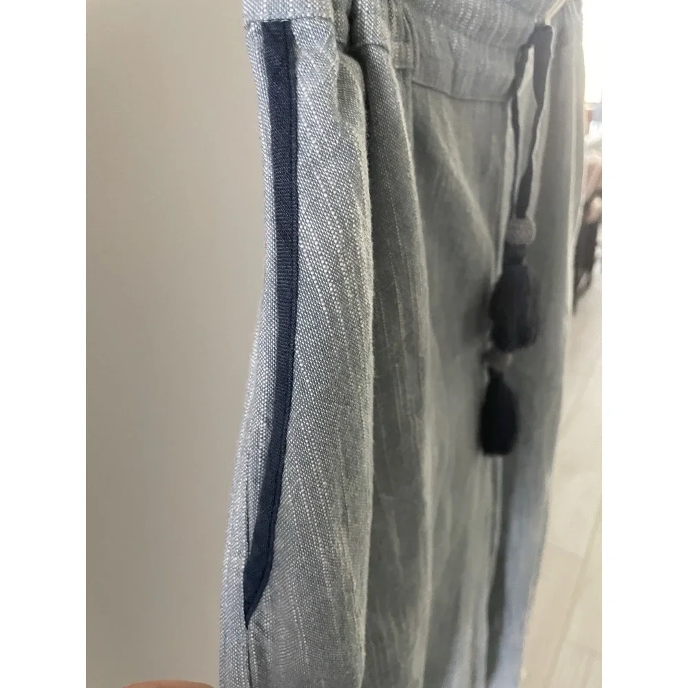Womens Blue Striped Cropped Pants Elastic Waist Drawstring Tassel Frayed Hem - Picture 3 of 10